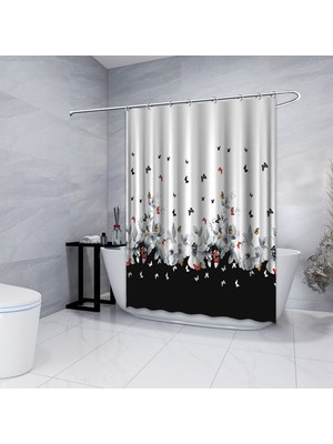 Assoshome Banyo Duş Perdesi Tasarım Dekor Minik Kelebekler Çiçekler Siyah Dijital Baskılı En 175 cm