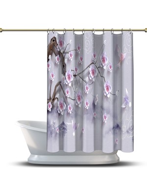 Assoshome Banyo Duş Perdesi Tasarım Dekor 3D Duvar Kağıdı Çiçekler Ağaç Kuş Dijital Baskılı En 175 cm