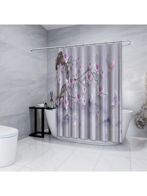 Assoshome Banyo Duş Perdesi Tasarım Dekor 3D Duvar Kağıdı Çiçekler Ağaç Kuş Dijital Baskılı En 175 cm