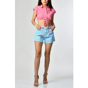 MODA1001 Yüksel Bel Bebe Mavisi Gabardin Şort  - Bebe Mavisi Bebe Mavisi - L