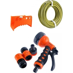 3'lü Set 20 Metre Zebra Hortum +  Plastik Hortum Askısı+ 7 Fonksiyonlu Hortum Tabancası
