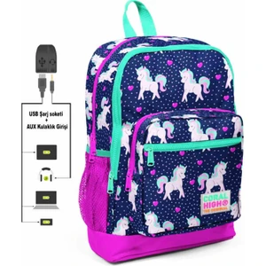 Carol High Kids Unicorn Desenli USB Şarjlı Kulaklık Çıkışlı Sırt Çantası 232708692182232700