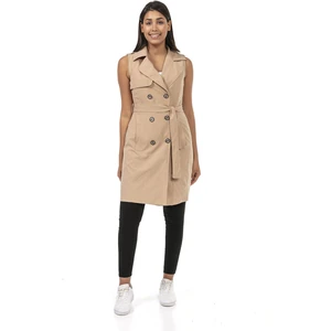 Disentis Modest Kruvaze Yaka Çift Cepli Omuzdan Apoletli Kuşaklı Astarlı Bej Rengi Yelek