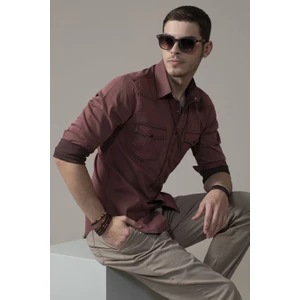 Slim Fit Dar Kesim %100 Pamuk Çift Cepli Bordo Denim Gömlek