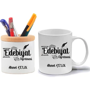 Nil Hediye Edebiyat Öğretmeni Kupa Bardak ve Kalemlik Hediye Seti