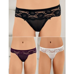 Kadın Siyah-Beyaz-Mürdüm Külot Çizgili Üç lü Set MB3053