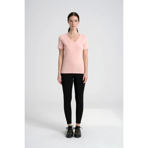 V Yaka Kadın Tişört , Ense Taş Detaylı %95 Pamuk Pembe  T-Shirt