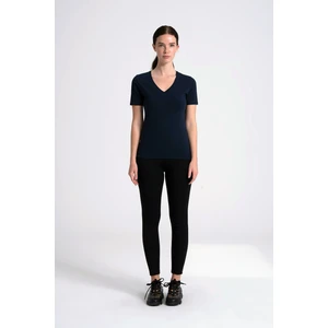 V Yaka Kadın Tişört , Ense Taş Detaylı %95 Pamuk LAcivert  T-Shirt