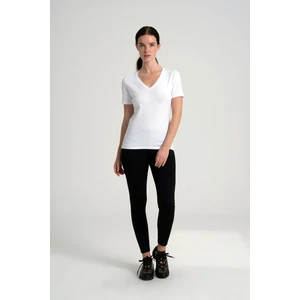 V Yaka Kadın Tişört , Ense Taş Detaylı %95 Pamuk Beyaz  T-Shirt