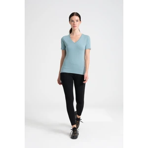 V Yaka Kadın Tişört , Ense Taş Detaylı %95 Pamuk Aqua Marine T-Shirt