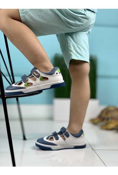 Perlina Çocuk Deri Cırtlı Ayakkabı Mavi