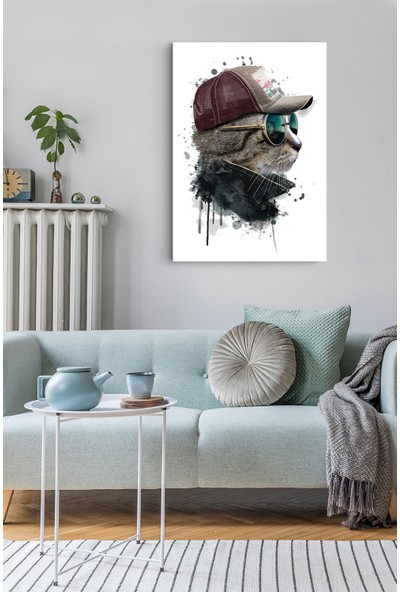 Gıftdeco Sulu Boya Görünümlü Havalı Kedi Portre Modern Kanvas Tablo