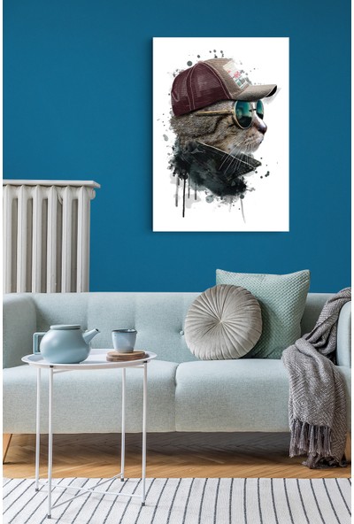 Gıftdeco Sulu Boya Görünümlü Havalı Kedi Portre Modern Kanvas Tablo