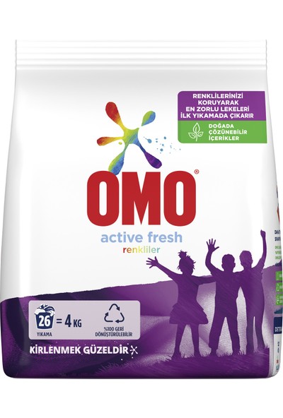 Omo Active Fresh Toz Çamaşır Deterjanı Renkliler İçin Renklilerinizi Koruyarak En Zorlu Lekeleri İlk Yıkamada Çıkarır 4 KG 26 Yıkama 1 Adet