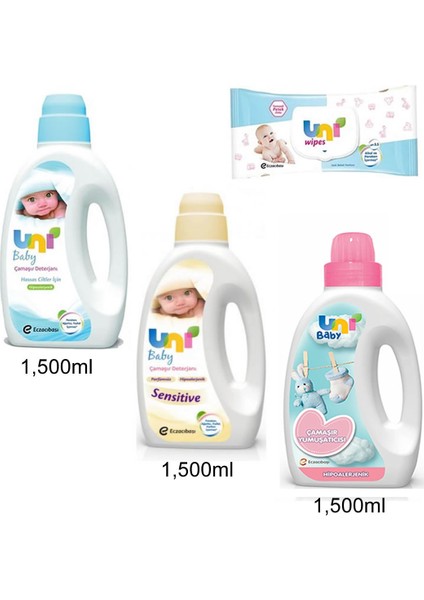 Çamaşır Deterjanı 1500 ml + Yumuşatıcı 1500 ml + Deterjan Sensitive 1500 ml + Islak Mendil