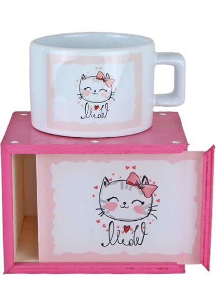 Kedi Ahşap Doğal Kutulu Kupa Pembe