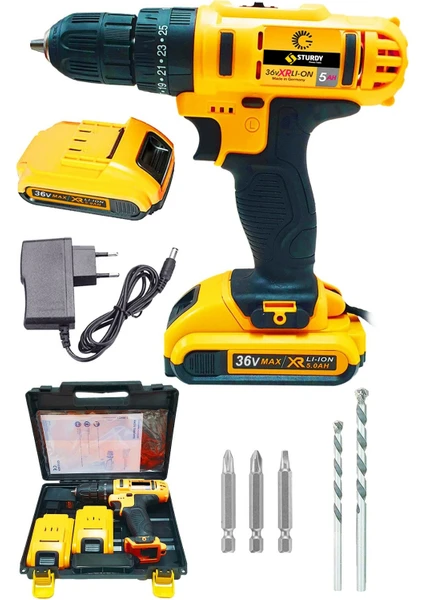 Power Tools 36 Volt 5.0 Amper Çift Akülü 5 Parça Uç Setli Şarjlı Vidalama Matkap