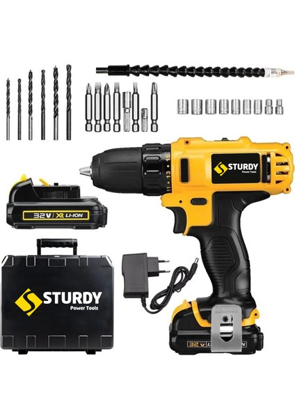 Power Tools 32 Volt 5.0 Amper Çift Akülü 24 Parça Uç Setli Şarjlı Vidalama Matkap