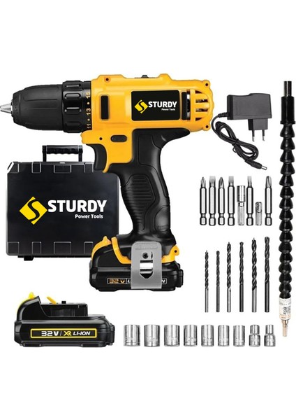 Power Tools 32 Volt 5.0 Amper Çift Akülü 24 Parça Uç Setli Şarjlı Vidalama Matkap