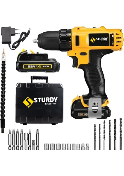 Power Tools 32 Volt 5.0 Amper Çift Akülü 24 Parça Uç Setli Şarjlı Vidalama Matkap