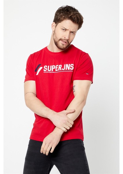Erkek Kırmızı Önü Yazı Baskılı Kısa Kollu Bisiklet Yaka Basic Slim Fit T-Shirt