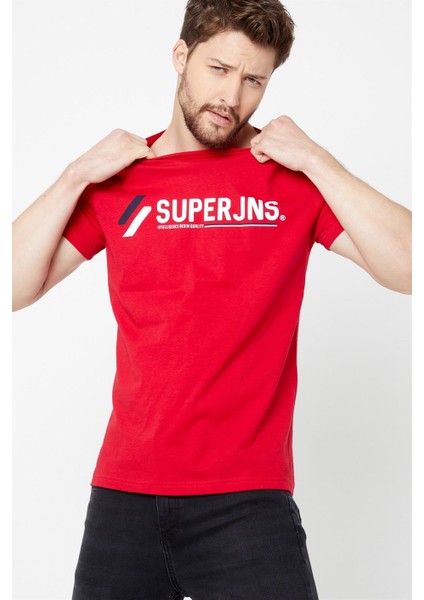 Erkek Kırmızı Önü Yazı Baskılı Kısa Kollu Bisiklet Yaka Basic Slim Fit T-Shirt