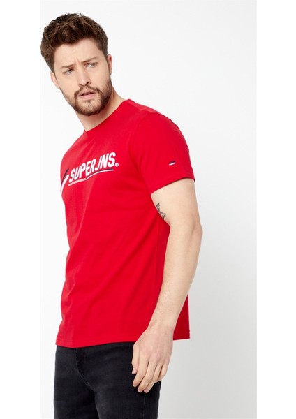 Erkek Kırmızı Önü Yazı Baskılı Kısa Kollu Bisiklet Yaka Basic Slim Fit T-Shirt