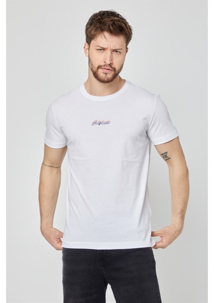 Erkek Beyaz Önü Baskılı Kısa Kollu Bisiklet Yaka Basic Slim Fit T-Shirt
