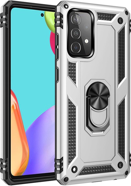 Samsung Galaxy A52 Kılıf Tank Yüzüklü Yüksek Korumalı Silikon - Gümüş