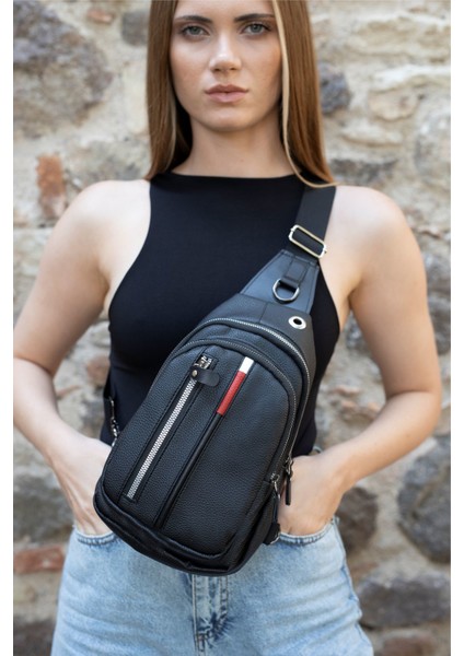 Unisex Siyah Deri Kulaklık Çıkışlı Çapraz Askılı Bel Omuz Çanta fırsatları