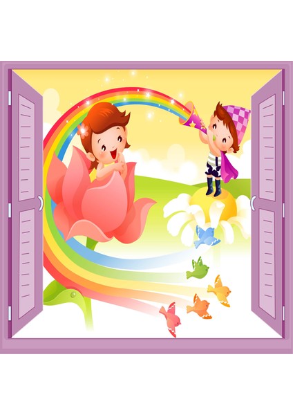 Çocuk Odası Bebek Odası Pencere Poster Duvar Kağıdı Gökkuşağı