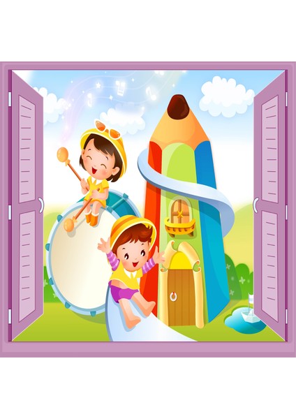 Çocuk Odası Bebek Odası Pencere Poster Duvar Kağıdı Kaydırak