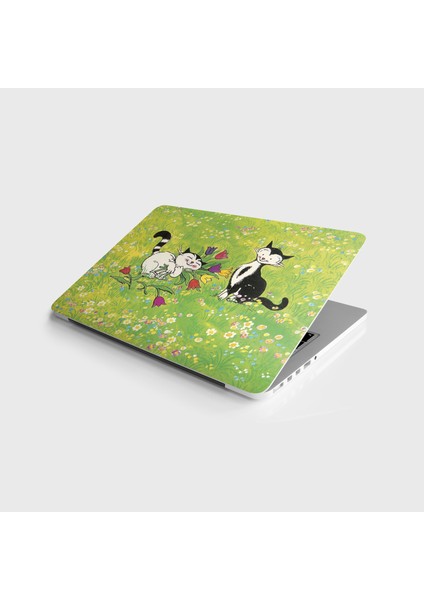 Laptop Sticker Notebook Pc Kaplama Etiketi Çiçekler ve Kedi