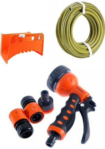 3'lü Set 20 Metre Zebra Hortum + Plastik Hortum Askısı+ 7 Fonksiyonlu Hortum Tabancası