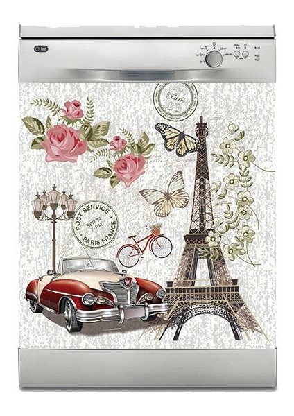 Bulaşık Makinesi Sticker Kaplama Beyaz Eşya Kaplama Vintage Paris Çizim