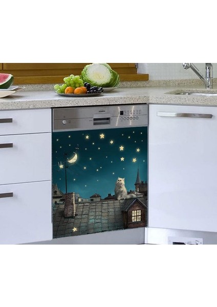 Bulaşık Makinesi Sticker Kaplama Beyaz Eşya Kaplama Gece Kedi