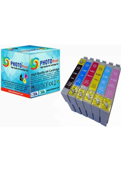 Photo Print® Stylus Photo RX595 Uyumlu 6 Renk Muadil Kartuş Seti T0801-T0802-T0803-T0804-T0805-T0806