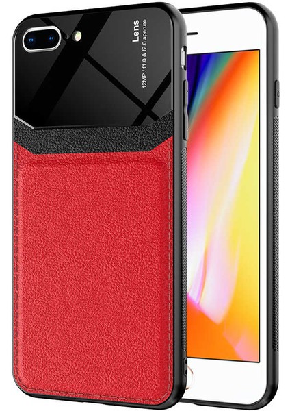 - Apple iPhone 8 Plus - Kılıf Deri Görünümlü Parlak Mika Tasarımlı Emiks Kapak - Kırmızı