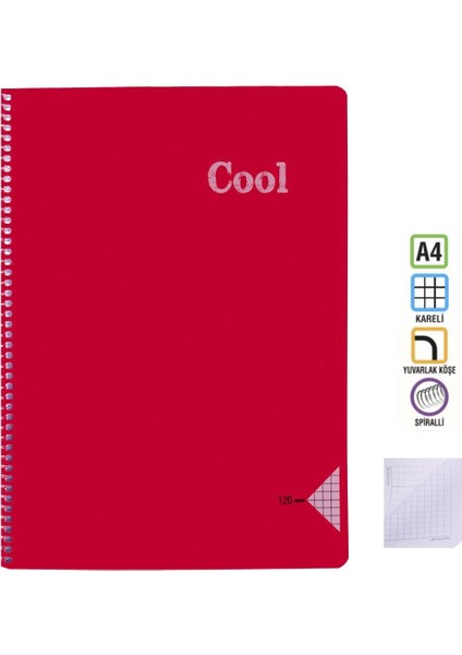 A4 Defter 60 Yaprak Kareli Spiralli Pp. Kapak Cool Kırmızı