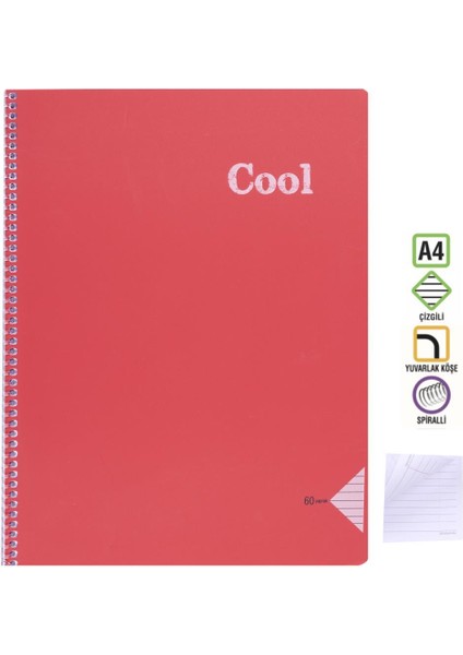 A4 Defter 60 Yaprak Çizgili Spiralli Pp. Kapak Cool Kırmızı fiyatları