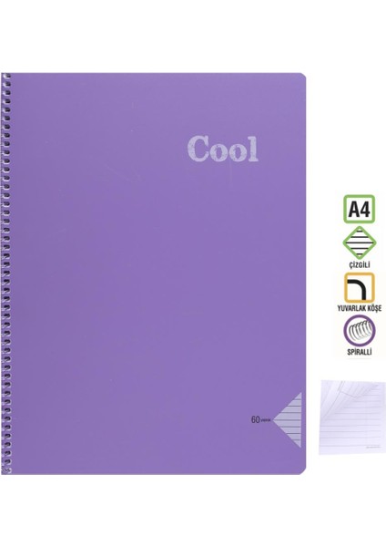 A4 Defter 60 Yaprak Çizgili Spiralli Pp. Kapak Cool Mor fiyatları