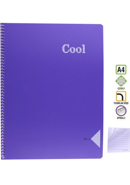 A4 Defter 96 Yaprak Çizgili Spiralli Pp. Kapak Cool Mor