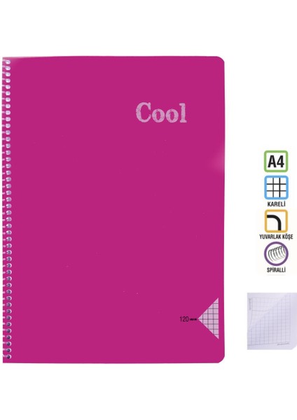 A4 Defter 120 Yaprak Kareli Spiralli Pp. Kapak Cool Pembe