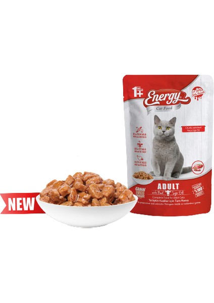 Yetişkin Sığır Etli Islak Mama Cat Food Energy 24 x 85 gr