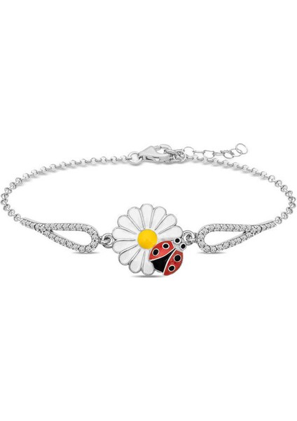 925 Ayar Gümüş Rodyum Kaplama Uğur Böcekli Papatya Bileklik