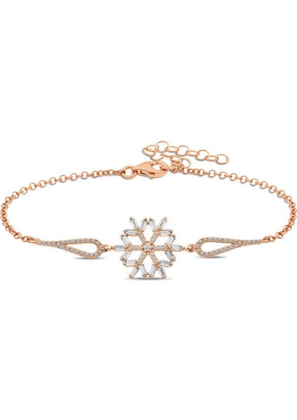 925 Ayar Gümüş Rose Kaplama Baget Taşlı Kar Tanesi Kadın Bileklik