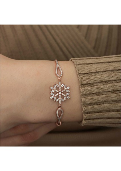 925 Ayar Gümüş Rose Kaplama Baget Taşlı Kar Tanesi Kadın Bileklik fiyatları