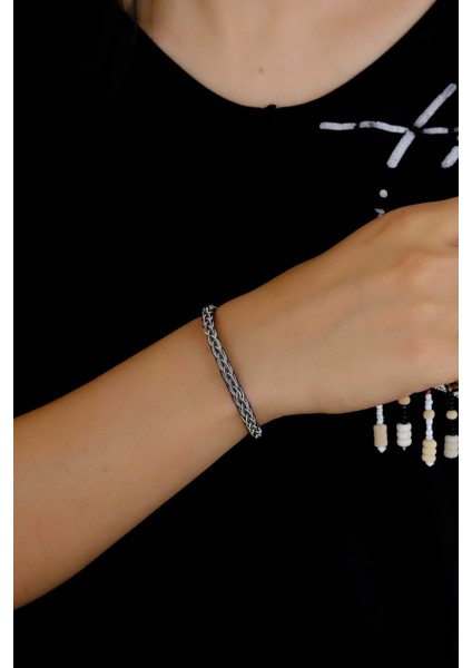 Siyah Beyaz Örme 1000 Ayar Kazaziye Gümüş Bileklik