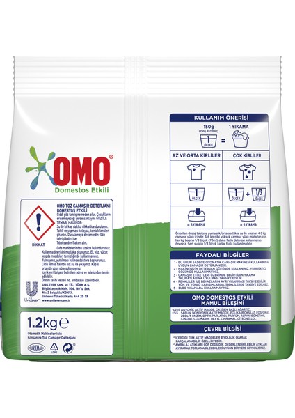 Toz Çamaşır Deterjanı Domestos Etkili En Zorlu Lekeleri İlk Yıkamada Çıkarır 1.2 KG 8 Yıkama 1 Adet