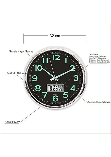 Fosforlu Termometreli Dijitalli Siyah Zeminli 32CM Duvar Saati